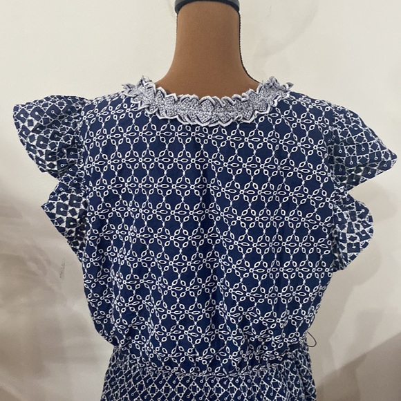 Express Printed navy and white Eyelet Lace Trim Faux Wrap Dress no belt size XL - Picture 7 of 15